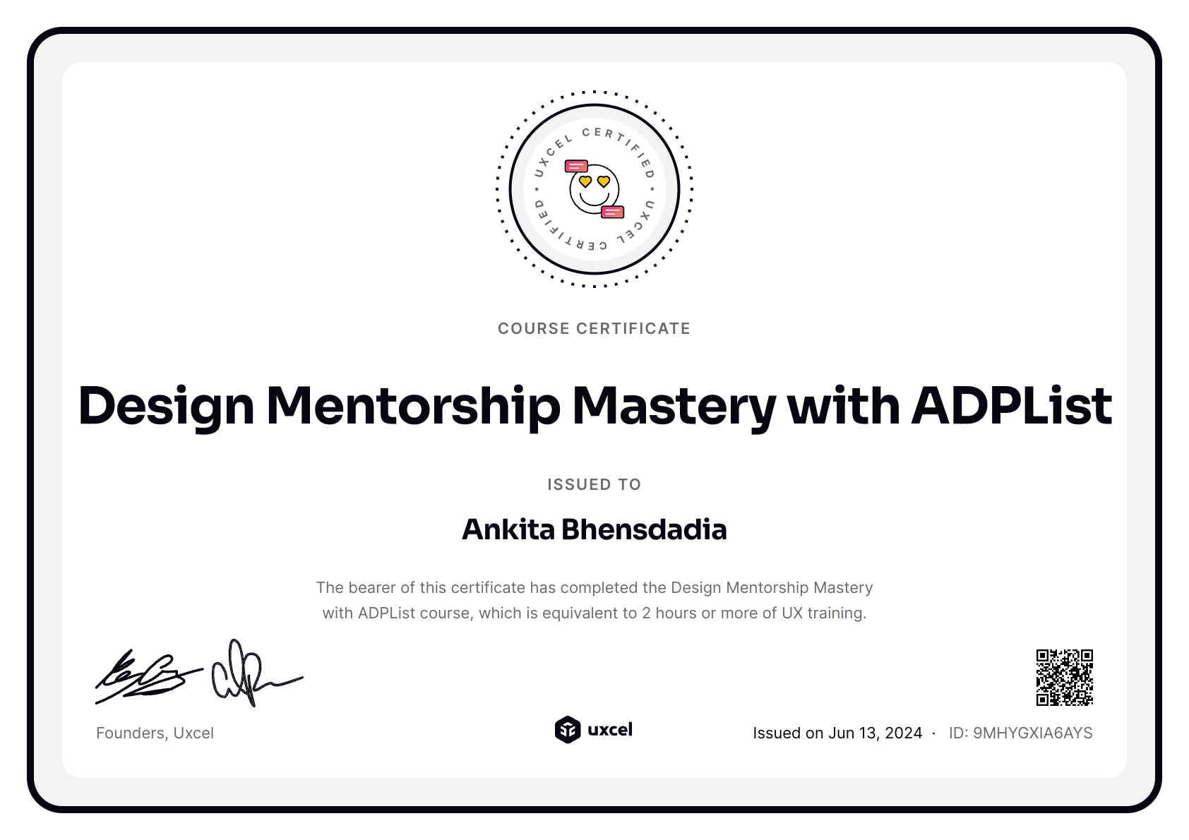 Ankita Bhensdadia's certificate